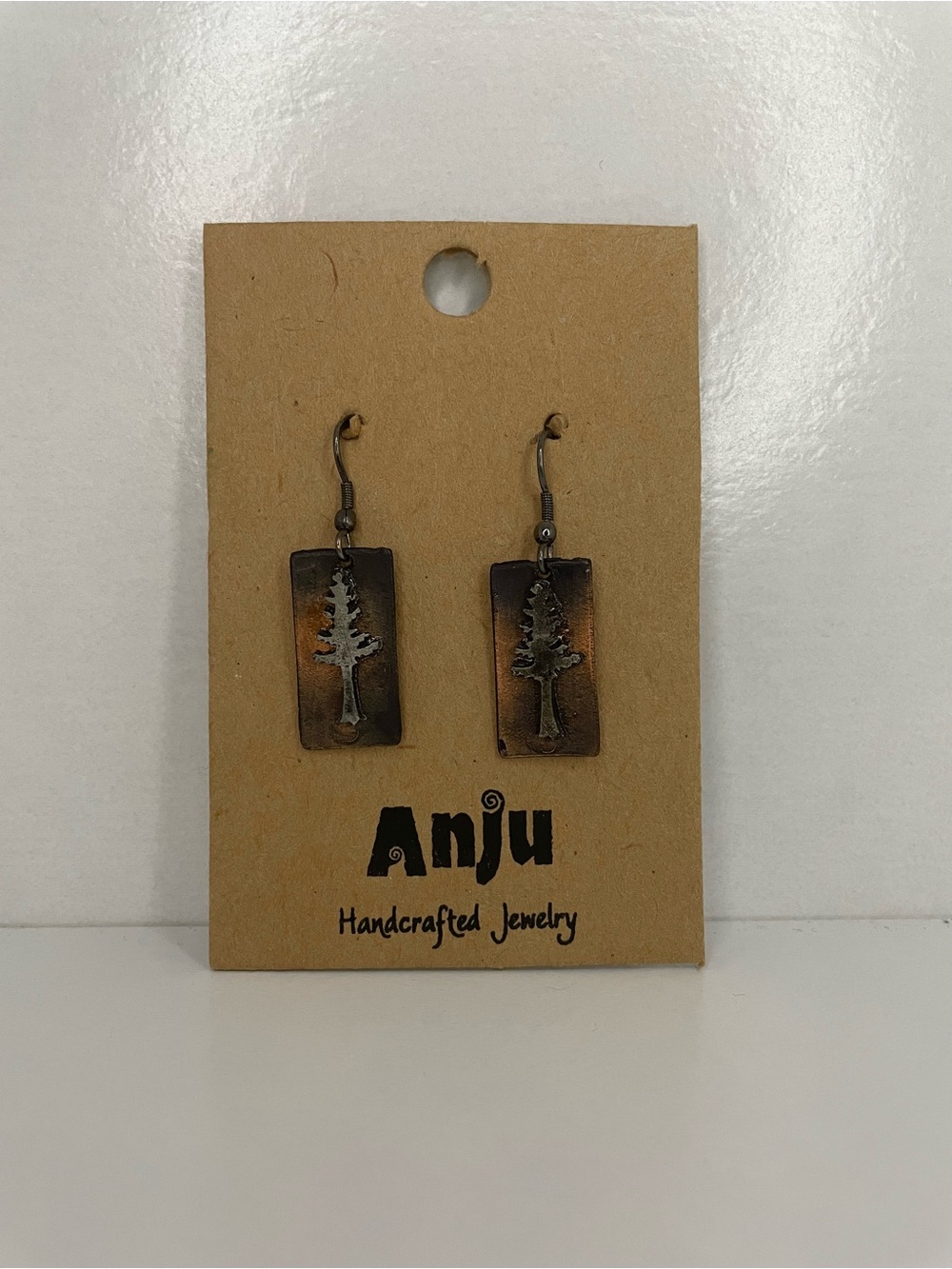 Handcrafted Mixed Metal Pine Tree Rectangle Drop Earrings